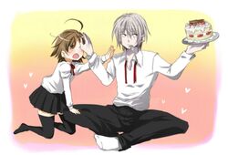  ahoge bad_id birthday blush brown_eyes brown_hair cake food fork last_order mouth_hold open_mouth papiko_(sogebusaretai) pastry red_eyes school_uniform short_hair silver_hair skirt thigh-highs thighhighs to_aru_majutsu_no_index zettai_ryouiki 