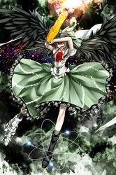  asymmetrical_clothes black_hair bow cape hair_bow highres kazetto mismatched_footwear nuclear radiation_symbol red_eyes reiuji_utsuho solo tongue touhou weapon wings 