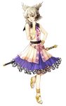  1girl bare_arms belt bracelet hand_on_hip headphones jewelry looking_at_viewer natsume_k open_mouth ritual_baton shirt silver_hair simple_background skirt sleeveless sleeveless_shirt smile solo standing_on_one_leg sword touhou toyosatomimi_no_miko weapon white_background yellow_eyes 