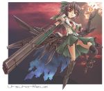  black_panties bow breasts brown_hair cape cleavage elbow_gloves eyes g.haruka gloves hair_bow long_hair night open_clothes open_shirt panties red_eyes reiuji_utsuho shirt solo sun thighs third_eye touhou underwear weapon wings 