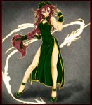  bare_shoulders blue_eyes braid chinadress cleavage_cutout dragon ex-meiling fighting_stance fingerless_gloves gloves green_dress highres hong_meiling ledjoker07 long_hair ponytail red_hair side_slit touhou twin_braids very_long_hair 