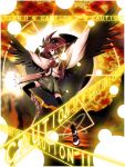  black_legwear black_thighhighs bow brown_hair cape caution_tape danmaku fire grin hair_bow high_heels ponytail red_eyes reiuji_utsuho shoes smile solo thigh-highs thighhighs touhou wings zettai_ryouiki 