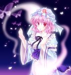  bow butterfly ghost hat japanese_clothes petals pink_eyes pink_hair saigyouji_yuyuko solo touhou 