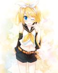  blue_eyes detached_sleeves hair_ornament hair_ribbon hairclip headset heart kagamine_rin midriff ribbon short_hair shorts vocaloid wink yukitarou_(awamori) 