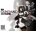  assault_rifle black_hair breasts bullpup cleavage clothed_navel compensator dual_wielding famas fei_(artist) fei_(maidoll) garter_belt garter_straps glasses gun hairband handgun highres maid original qr_code red_eyes rifle thigh-highs thighhighs trigger_discipline weapon white_hair zoom_layer 