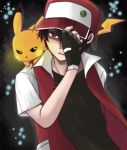  1boy baseball_cap fingerless_gloves gloves hat pikachu pokemon pokemon_(creature) pokemon_(game) pokemon_special red_(pokemon) red_(pokemon)_(classic) run_(mayuru) 