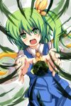  bad_id daiyousei dutch_angle foreshortening green_eyes green_hair highres magic open_mouth outstretched_arms ponytail satou_makura short_hair side_ponytail solo touhou wings 