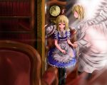  2girls blonde_hair book chair character_request clock dual_persona empty_eyes hand_holding hat hat_removed headwear_removed highres holding_hands kana_anaberal maid multiple_girls sad sitting snowfox thigh-highs thighhighs touhou touhou_(pc-98) wings yellow_eyes 