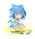  angry barefoot blue_eyes blue_hair chibi cirno colored_pencil_(medium) crayon crossed_arms frown short_hair sitting sketchbook touhou traditional_media watercolor_(medium) 