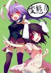  2girls animal_ears black_legwear blazer bloomers blush bunny_ears carrot cauliflower_(artist) fang highres inaba_tewi multiple_girls necktie pointing red_eyes reisen_udongein_inaba thighhighs touhou zettai_ryouiki 