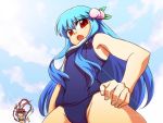  blue_hair from_below hinanawi_tenshi nagae_iku one-piece_swimsuit rayno red_eyes saturday_night_fever school_swimsuit sky swimsuit touhou 