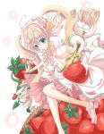  blonde_hair blue_eyes dress drill_hair food fork frills fruit headdress legs natsuki_yuu original ribbon solo strawberry twintails 