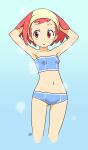  1girl aero_(mega_man) armpits arms_behind_head blush_stickers breasts hair_up hairband mega_man_(series) mega_man_legends mega_man_legends_3 muu_(mumumer) navel open_mouth panties pink_hair red_eyes simple_background solo sports_bra underwear 
