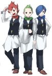  3boys ;d black_pants black_vest blue_eyes blue_hair blue_neckwear bow bowtie brothers brown_footwear buttons chili_(pokemon) cilan_(pokemon) clenched_hand commentary_request cress_(pokemon) full_body green_eyes green_hair green_neckwear hand_on_hip holding male_focus maou_abusorun multiple_boys one_eye_closed open_mouth pants parted_lips pokemon pokemon_(game) pokemon_bw red_neckwear redhead shirt shoes short_hair siblings smile socks tongue vest white_shirt 