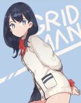  1girl black_hair black_skirt blue_eyes bow cardigan closed_mouth gridman_universe kanyoko_(yuzukano_17) long_hair looking_at_viewer pleated_skirt red_bow school_uniform scrunchie shirt skirt solo ssss.gridman takarada_rikka white_cardigan white_shirt wrist_scrunchie 