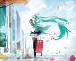  1girl absurdres aqua_eyes aqua_hair aqua_neckwear autumn_leaves bare_shoulders bird black_legwear black_skirt black_sleeves chinese_commentary clouds commentary day detached_sleeves falling_petals floating_hair flower hair_ornament hand_up hatsune_miku hatsune_miku_(nt) headphones highres holding_luggage huge_filesize layered_sleeves long_hair luggage ly.t miniskirt neck_ribbon outdoors paper petals piapro pink_flower pleated_skirt ribbon see-through_sleeves sheet_music shirt skindentation skirt sleeveless sleeveless_shirt solo thigh-highs tree twintails very_long_hair vocaloid walking white_bird white_shirt wide_shot wind zettai_ryouiki 