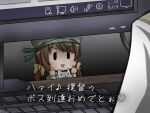  1girl bow cat chibi commentary_request error_musume eyebrows_visible_through_hair girl_holding_a_cat_(kancolle) hat it_(stephen_king) kantai_collection keyboard_(computer) looking_at_viewer monitor parody partial_commentary pov scene_reference short_twintails solid_eyes subtitled translated twintails uraguchi_hiiro white_cat yellow_bow 