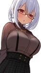  1girl black-framed_eyewear blush breasts eyebrows_visible_through_hair glasses grey_hair hakase_fuyuki highres large_breasts long_sleeves looking_at_viewer nijisanji parted_lips red_eyes semi-rimless_eyewear solo tyoko_tanuki16 under-rim_eyewear upper_body virtual_youtuber 