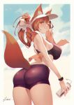  1girl :3 absurdres animal_ear_fluff animal_ears ass bangs black_shorts border bottle braid brown_hair closed_mouth commentary cowboy_shot english_commentary eyebrows_visible_through_hair fox_ears fox_tail from_behind fubuki_(fakemonkey0224) hand_up highres holding holding_bottle holding_towel huge_filesize long_hair looking_at_viewer orange_eyes orange_towel original outside_border short_shorts shorts signature solo sports_bra standing sweat tail thick_eyebrows tied_hair towel towel_around_neck visor_cap watch watch wiping_sweat 