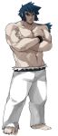  1boy abs bangs barefoot belt black_belt black_hair black_wristband bruno_(pokemon) closed_mouth commentary_request crossed_arms frown full_body long_hair male_focus maou_abusorun muscular muscular_male navel pants pokemon pokemon_(game) pokemon_hgss shirtless solo standing thick_eyebrows toes white_pants wristband 