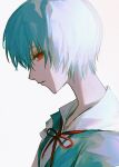  1girl ayanami_rei blue_hair bright_pupils grey_background highres light_blue_hair looking_at_viewer neck_ribbon neon_genesis_evangelion noroma02 parted_lips red_eyes red_ribbon ribbon short_hair simple_background solo upper_body white_pupils 