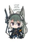 1girl animal_ears arknights armband armor blue_jacket blue_pants brown_shirt chibi closed_mouth commentary grani_(arknights) greaves grey_hair hair_between_eyes hip_vent holding holding_polearm holding_spear holding_weapon horse_ears horse_girl horse_tail jacket long_hair open_clothes open_jacket pants polearm police police_uniform ponytail ran_system shirt smile spear tail uniform violet_eyes visor visor_lift weapon wide-eyed