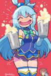  1boy 1girl absurdres alcohol aqua_(konosuba) bare_shoulders beer beer_mug blue_skirt blush bow brown_hair closed_eyes cup drooling drunk foam green_bow highres light_blue_hair long_hair mug rariatto_(ganguri) red_background satou_kazuma skirt smile thigh-highs 