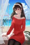  1girl bangs bare_shoulders beach black_hair black_legwear blue_sky boat closed_mouth clouds collarbone curtains day dress earrings expressionless gold_earrings hairband highres jewelry lighthouse lips long_hair longyu_(17767756) looking_at_viewer ocean off-shoulder_sweater off_shoulder open_window palm_tree pantyhose pink_nails red_eyes red_sweater sand sitting sky solo spy_x_family sweater sweater_dress tree watercraft white_hairband window yor_briar 