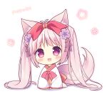  1girl :d animal_ear_fluff animal_ears bangs blush bow character_name chibi eyebrows_visible_through_hair flower fox_ears fox_girl fox_tail full_body hair_bow hair_flower hair_ornament hanairo_heptagram japanese_clothes kimono long_hair long_sleeves looking_at_viewer miyuri open_mouth pink_hair purple_flower red_bow ryuuka_sane shadow sleeves_past_wrists smile socks solo tail twintails very_long_hair violet_eyes white_background white_kimono white_legwear wide_sleeves 