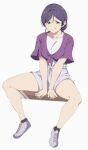  1girl aqua_eyes bangs closed_mouth front-tie_top hair_up highres looking_at_viewer love_live! love_live!_school_idol_project parted_bangs purple_hair purple_shirt sato_uma shirt short_sleeves shorts sitting smile solo swept_bangs toujou_nozomi white_shirt white_shorts 