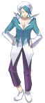  1boy closed_eyes closed_mouth commentary_request full_body hands_on_hips hat high_collar long_sleeves male_focus maou_abusorun pants pokemon pokemon_(game) pokemon_rse purple_pants shirt shoes smile solo standing wallace_(pokemon) white_footwear white_headwear 