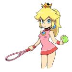  1girl blonde_hair blue_eyes breasts crown dress earrings jewelry long_hair looking_at_viewer super_mario_bros. mario_tennis muu_(mumumer) ponytail princess_peach racket simple_background sleeveless solo tennis_racket white_background 