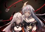  2girls :d bangs chinese_clothes closed_eyes closed_mouth dark_background feathers fu_hua fu_hua_(herrscher_of_sentience) grey_hair hair_between_eyes highres honkai_(series) honkai_impact_3rd kiana_kaslana kiana_kaslana_(void_drifter) long_hair looking_at_another multicolored_hair multiple_girls open_mouth red_eyes shiying_no_yao smile streaked_hair whip white_hair 