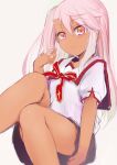  1girl bangs black_skirt breasts chloe_von_einzbern collared_shirt dark-skinned_female dark_skin fate/kaleid_liner_prisma_illya fate_(series) hair_between_eyes highres homurahara_academy_uniform long_hair looking_at_viewer neck_ribbon one_side_up orange_eyes parted_lips phone pink_hair puffy_short_sleeves puffy_sleeves red_ribbon ribbon sen_(astronomy) shirt short_sleeves sidelocks sitting skirt small_breasts smile solo thighs white_shirt 