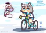  !? 2girls animal_ear_fluff animal_ears bangs bicycle bike_jersey bike_shorts blue_archive blue_eyes blush chibi closed_mouth commentary_request cross_hair_ornament demon_horns english_text flying full_body grey_hair ground_vehicle hair_ornament halo hina_(blue_archive) horns inflatable_toy lcron long_hair looking_ahead looking_at_another medium_hair motion_lines multiple_girls open_mouth riding_bicycle school_swimsuit shadow shiroko_(blue_archive) standing swimsuit twitter_username violet_eyes white_footwear 