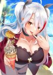  1girl antenna_hair azur_lane beach bikini black_bikini black_choker black_ribbon blurry blurry_background choker epaulettes eyebrows_visible_through_hair eyes_visible_through_hair finger_to_mouth hair_between_eyes hair_ribbon highres ice_cream_cone iron_blood_(emblem) iron_cross jacket jacket_on_shoulders long_hair looking_at_viewer military_jacket multicolored_hair official_alternate_costume open_clothes open_jacket outdoors prinz_eugen_(azur_lane) prinz_eugen_(unfading_smile)_(azur_lane) red_jacket redhead ribbon side-tie_bikini solo streaked_hair swepot swimsuit thigh_strap tongue tongue_out twintails two-tone_hair white_hair 