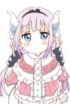 1girl bangs beads black_hairband blue_eyes blunt_bangs blush_stickers closed_mouth dragon_horns dress expressionless eyebrows_visible_through_hair hair_beads hair_ornament hairband highres horns kanna_kamui kobayashi-san_chi_no_maidragon light_purple_hair long_hair looking_at_viewer namori pink_dress solo tail