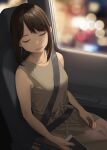  brown_hair car_interior cellphone douki-chan_(yomu_(sgt_epper)) dress earrings evening_gown ganbare_douki-chan highres holding holding_phone jewelry lipstick makeup necklace phone seatbelt short_hair sleeping smartphone yomu_(sgt_epper) 