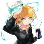  1girl black_jacket blonde_hair blue_eyes bottle cellphone collarbone commentary fang hand_up holding holding_bottle holding_phone jacket kagamine_rin looking_at_viewer namo_(00) phone short_hair skin_fang smartphone smile solo splashing upper_body vocaloid water_bottle white_background zipper_pull_tab 