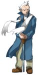  1boy blue_coat brown_footwear buttons cane closed_mouth coat commentary_request full_body green_pants holding holding_cane long_sleeves looking_at_viewer male_focus maou_abusorun old old_man pants pokemon pryce_(pokemon) scarf shoes short_hair solo white_hair white_scarf 