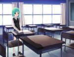  1girl bangs blush braid breasts classroom curtains desk green_eyes green_hair hitsukuya holding indoors loafers long_sleeves love_letter open_mouth original school_uniform shoes short_hair small_breasts solo standing white_legwear window 