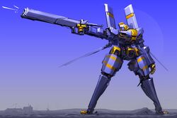  absurdres aiming firing gun highres holding holding_gun holding_weapon ksenolog mecha no_humans original radio_antenna science_fiction sky solo standing weapon white_eyes 