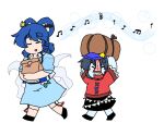  2girls aqua_dress bag black_hair black_skirt blue_hair cabbie_hat chinese_clothes closed_eyes dress drill_hair hagoromo hair_ornament hair_stick hat humming jiangshi kaku_seiga miyako_yoshika multiple_girls musical_note ofuda open_mouth pale_skin red_shirt sharp_teeth shawl shirt short_hair short_sleeves skirt teeth touhou vest white_vest yanagita_(daitai_2_ton) 