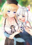  2girls :d absurdres animal_ear_fluff animal_ears bare_shoulders blonde_hair blue_dress blue_hair blurry blurry_background breasts cat_ears collarbone dress eyewear_removed fish_tail gawr_gura hair_ornament hairclip highres holding holding_eyewear holding_tail hololive hololive_english jewelry kazanock medium_breasts multicolored_hair multiple_girls necklace open_mouth shark_girl shark_tail sharp_teeth shirt smile streaked_hair tail teeth twintails upper_body virtual_youtuber watson_amelia white_hair white_shirt x_hair_ornament 