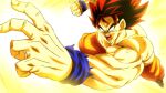  1boy aura blank_eyes clenched_hand dragon_ball dragon_ball_z flying male_focus muscular muscular_male open_mouth orange_pants pants rom_(20) shirtless solo son_goku spiky_hair super_saiyan 