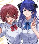  2girls arknights blue_eyes blue_hair blue_neckwear bow bowtie closed_mouth commentary_request demon_horns energy_wings exusiai_(arknights) eyebrows_visible_through_hair eyes_visible_through_hair hair_over_one_eye halo highres horns long_hair mostima_(arknights) multiple_girls na_tarapisu153 open_mouth red_eyes red_neckwear redhead school_uniform selfie shirt short_hair short_sleeves simple_background smile upper_body v white_background white_shirt 