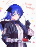  1girl arknights asymmetrical_gloves black_coat black_gloves blue_eyes blue_hair cake chewing closed_mouth coat commentary_request confetti demon_horns english_text eyebrows_visible_through_hair food fur-trimmed_coat fur_trim gloves grey_background halo hand_up happy_birthday highres holding holding_plate holding_spoon hood hood_down hooded_coat horns long_hair mismatched_gloves mostima_(arknights) na_tarapisu153 open_clothes open_coat plate shirt solo spoon upper_body white_gloves white_shirt 