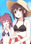  2girls :d ^_^ absurdres ball bangs bare_shoulders beachball bikini black_bikini black_hair blue_sky blush bracelet breasts brown_eyes brown_headwear closed_eyes collarbone commentary day eyebrows_visible_through_hair funami_yui hair_between_eyes hand_up happy hat highres holding holding_ball huge_filesize jewelry laughing long_hair looking_to_the_side low_twintails mesushio multiple_girls navel open_mouth outdoors polka_dot polka_dot_bikini ponytail purple_hair sky smile split_mouth straw_hat sugiura_ayano swimsuit twintails yuru_yuri 
