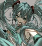  1girl a aqua_eyes aqua_hair aqua_neckwear bangs bare_shoulders detached_sleeves eyebrows_visible_through_hair grey_background hair_ornament hatsune_miku light_blush long_hair looking_at_viewer necktie open_mouth pale_skin sayosny2 signature simple_background smile solo twintails upper_body vocaloid 