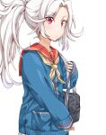  1girl alternate_costume alternate_hairstyle bag blue_sweater breasts commentary_request dulldull girls_frontline hair_up highres korean_commentary long_hair long_sleeves looking_at_viewer makarov_(girls&#039;_frontline) neckerchief ponytail red_eyes red_sailor_collar sailor_collar school_uniform serafuku shoulder_bag sleeves_past_wrists small_breasts solo sweater upper_body white_background white_hair yellow_neckwear 